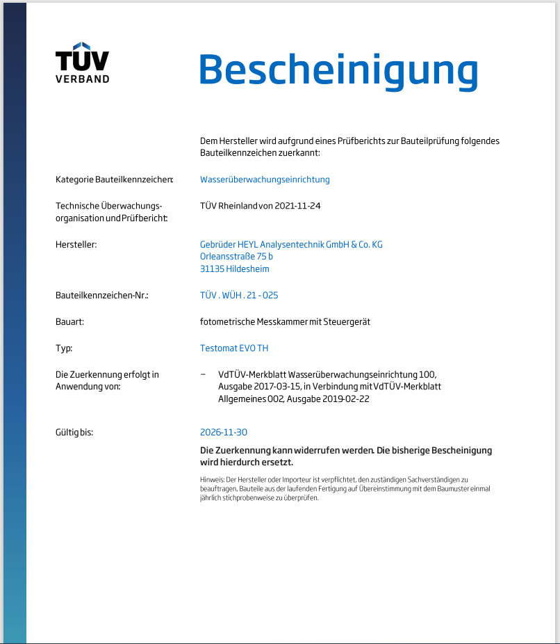 TÜV Zertifizierung Testomat® EVO TH